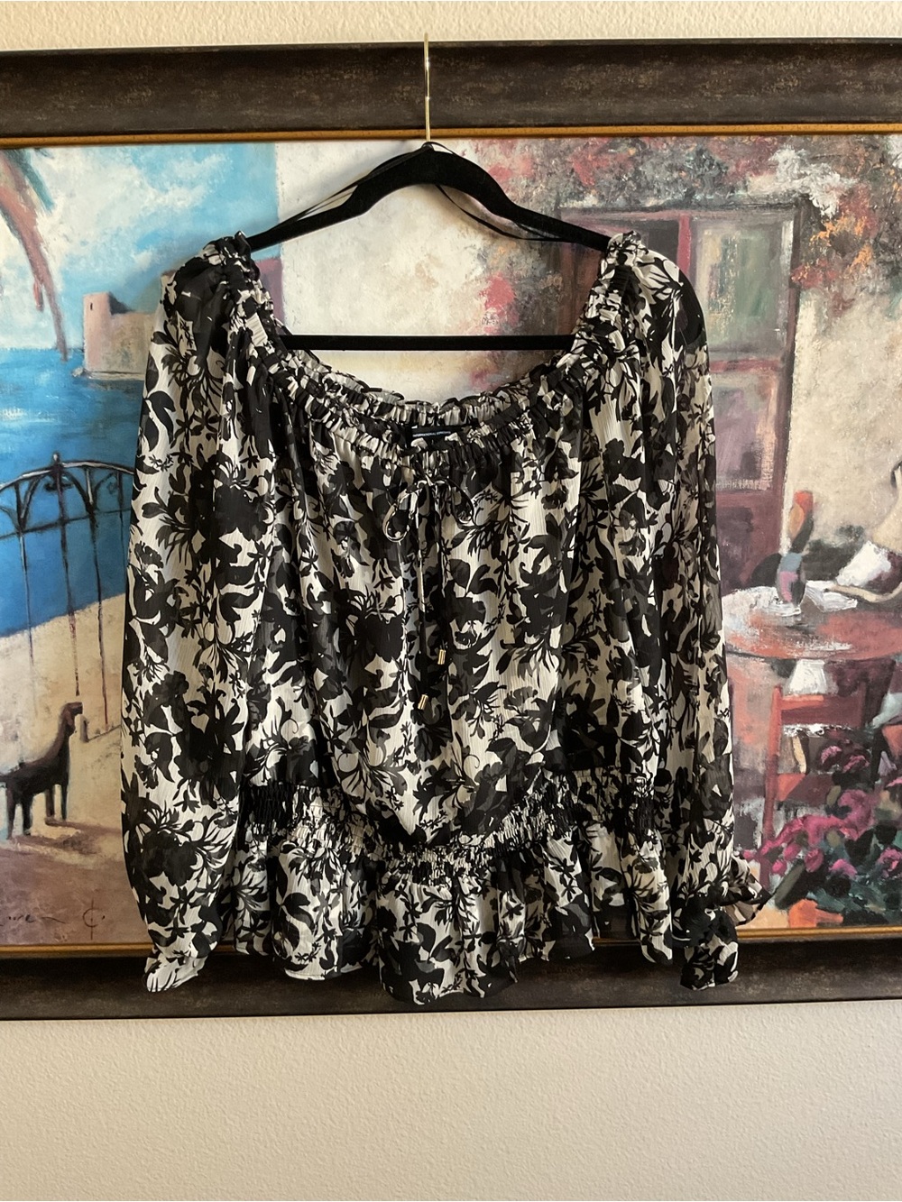 INC International Concepts Black and White Floral Off-Shoulder Blouse